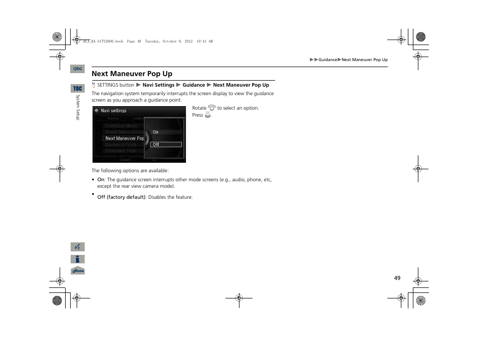2 next maneuver pop up, P. 49, Next maneuver pop up | Acura 2014 RLX Navigation User Manual | Page 50 / 156