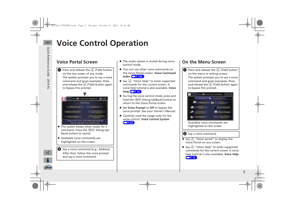 Voice control operation, Voice portal screen, On the menu screen | Acura 2014 RLX Navigation User Manual | Page 6 / 156