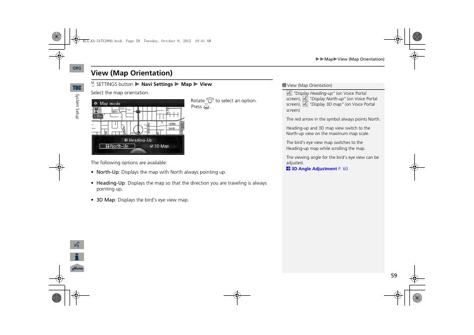 P59), 2 view (map orientation), P. 59 | View (map orientation) | Acura 2014 RLX Navigation User Manual | Page 60 / 156