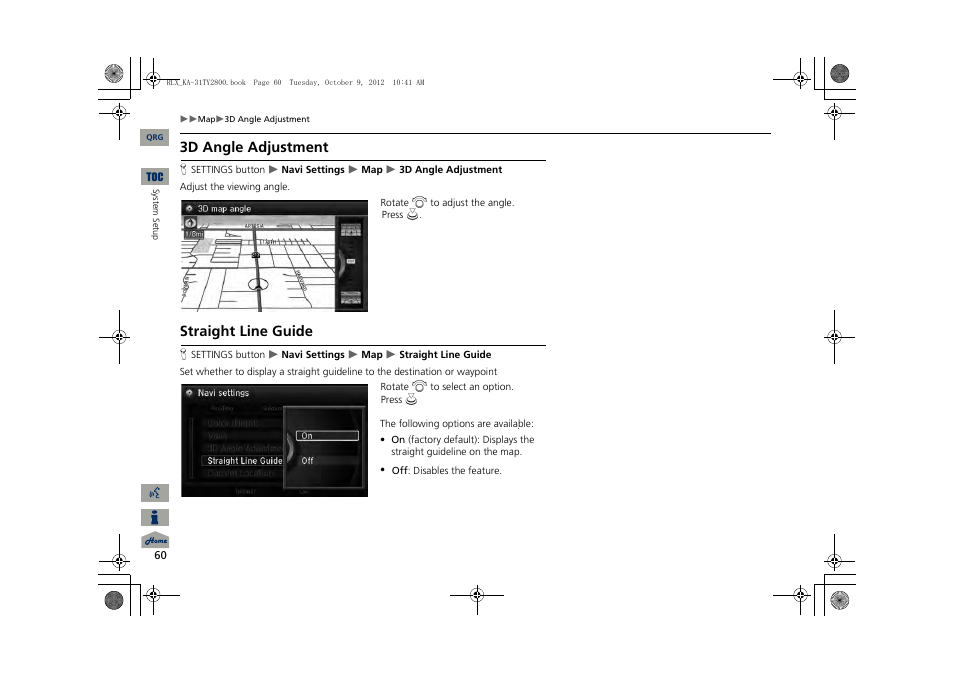 2 3d angle adjustment, P. 60, 2 straight line guide | 3d angle adjustment, Straight line guide | Acura 2014 RLX Navigation User Manual | Page 61 / 156