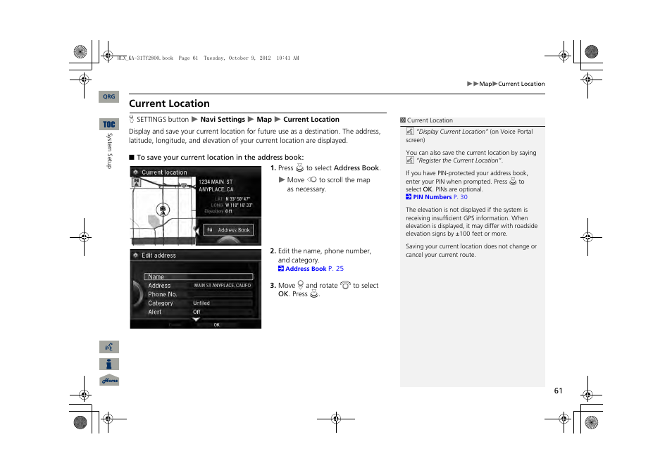 P61), 2 current location, P. 61 | Current location | Acura 2014 RLX Navigation User Manual | Page 62 / 156