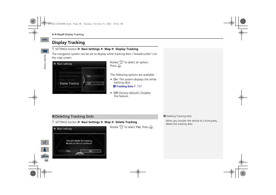 2 display tracking, P. 66, 2 deleting tracking dots | Display tracking | Acura 2014 RLX Navigation User Manual | Page 67 / 156