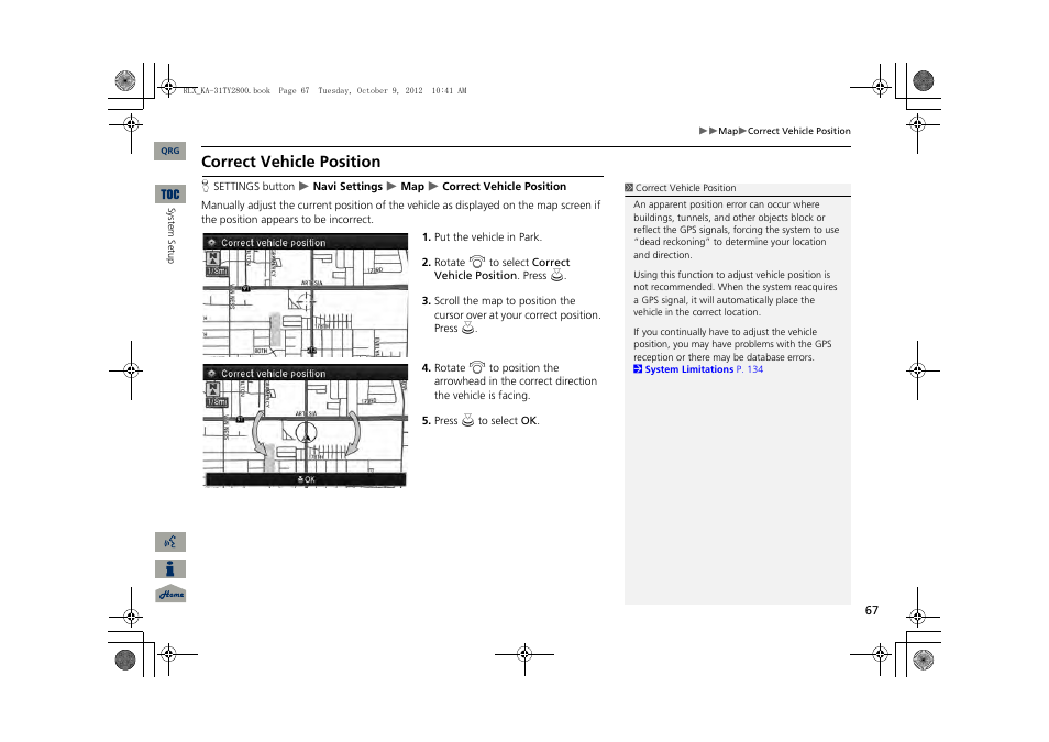 2 correct vehicle position, P. 67, Correct vehicle position | Acura 2014 RLX Navigation User Manual | Page 68 / 156