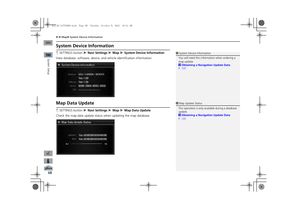 2 system device information, P. 68, 2 map data update | System device information, Map data update | Acura 2014 RLX Navigation User Manual | Page 69 / 156