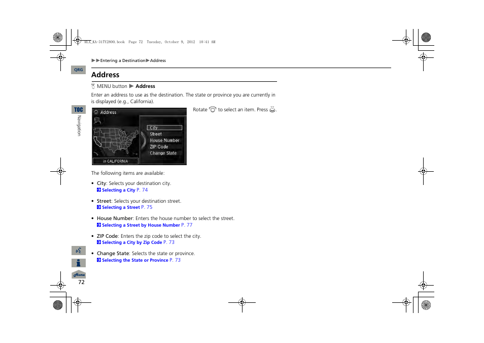 2 address, P. 72, Address | Acura 2014 RLX Navigation User Manual | Page 73 / 156