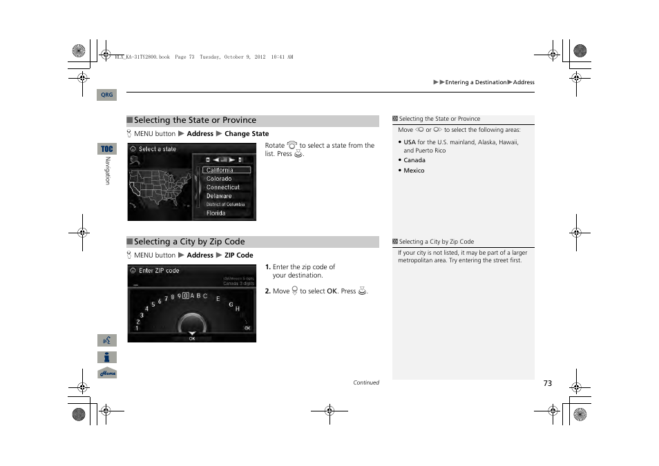 2 selecting a city by zip code, P. 73, 2 selecting the state or province | Acura 2014 RLX Navigation User Manual | Page 74 / 156