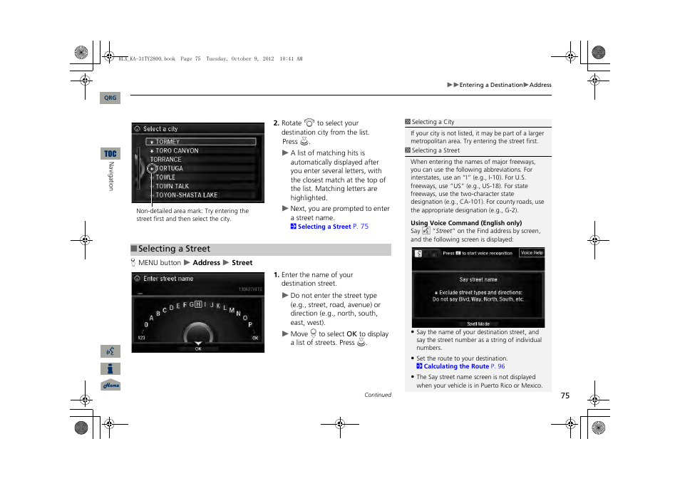 2 selecting a street, P. 75 | Acura 2014 RLX Navigation User Manual | Page 76 / 156