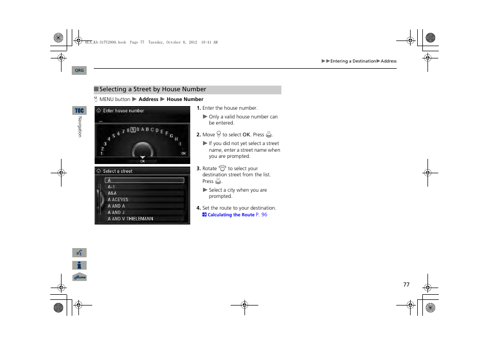 2 selecting a street by house number, P. 77 | Acura 2014 RLX Navigation User Manual | Page 78 / 156