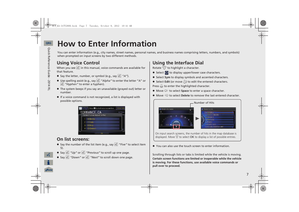 How to enter information, Using voice control, On list screens | Using the interface dial | Acura 2014 RLX Navigation User Manual | Page 8 / 156