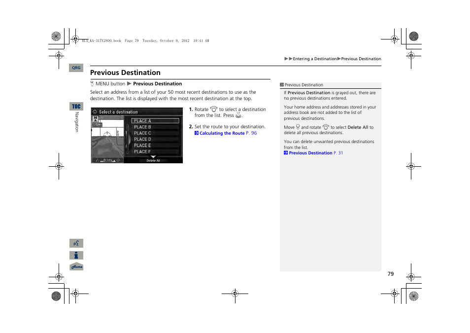 2 previous destination, P. 79, Previous destination | Acura 2014 RLX Navigation User Manual | Page 80 / 156