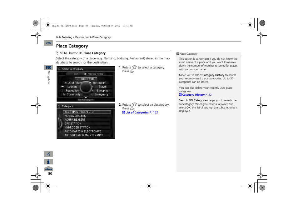 2 place category, P. 80, Place category | Acura 2014 RLX Navigation User Manual | Page 81 / 156