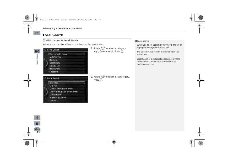 2 local search, P. 82, Local search | Acura 2014 RLX Navigation User Manual | Page 83 / 156