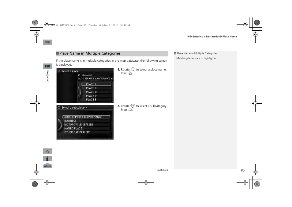 2 place name in multiple categories, P. 85 | Acura 2014 RLX Navigation User Manual | Page 86 / 156