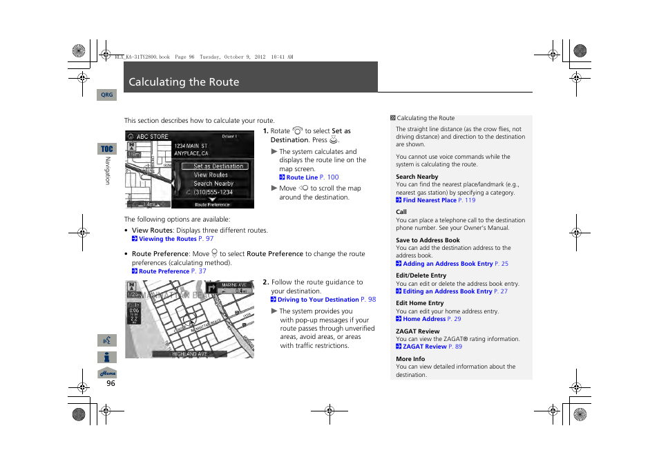 Calculating the route, 2 calculating the route, P. 96 | Acura 2014 RLX Navigation User Manual | Page 97 / 156