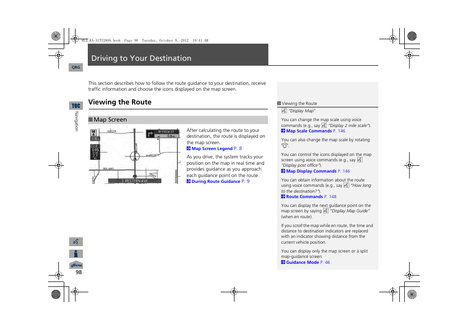 Driving to your destination, P98), 2 driving to your destination | P. 98, Viewing the route | Acura 2014 RLX Navigation User Manual | Page 99 / 156