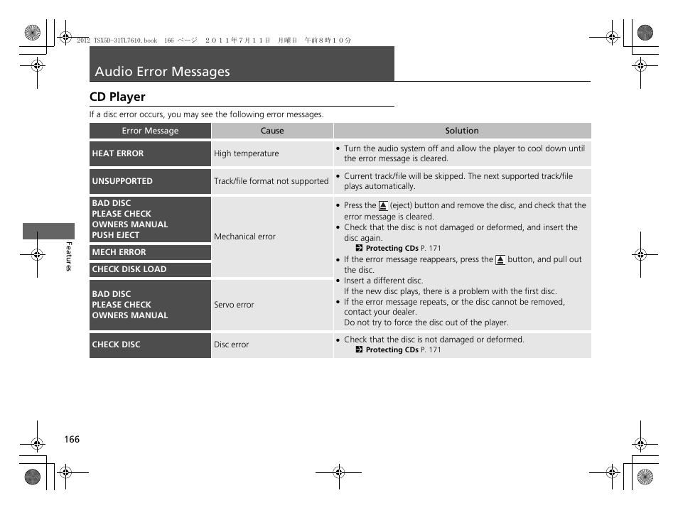 Audio error messages p. 166, Audio error messages, Cd player | Acura 2012 TSX Sport Wagon User Manual | Page 168 / 326