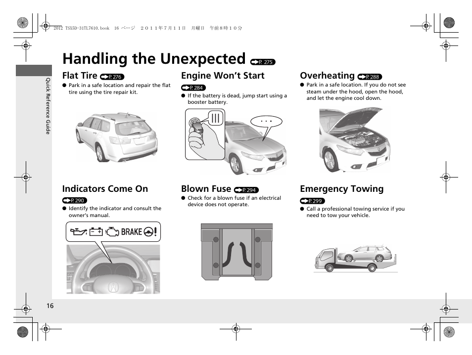 Handling the unexpected (p 275), Handling the unexpected, Flat tire | Indicators come on, Engine won’t start, Blown fuse, Overheating, Emergency towing | Acura 2012 TSX Sport Wagon User Manual | Page 18 / 326