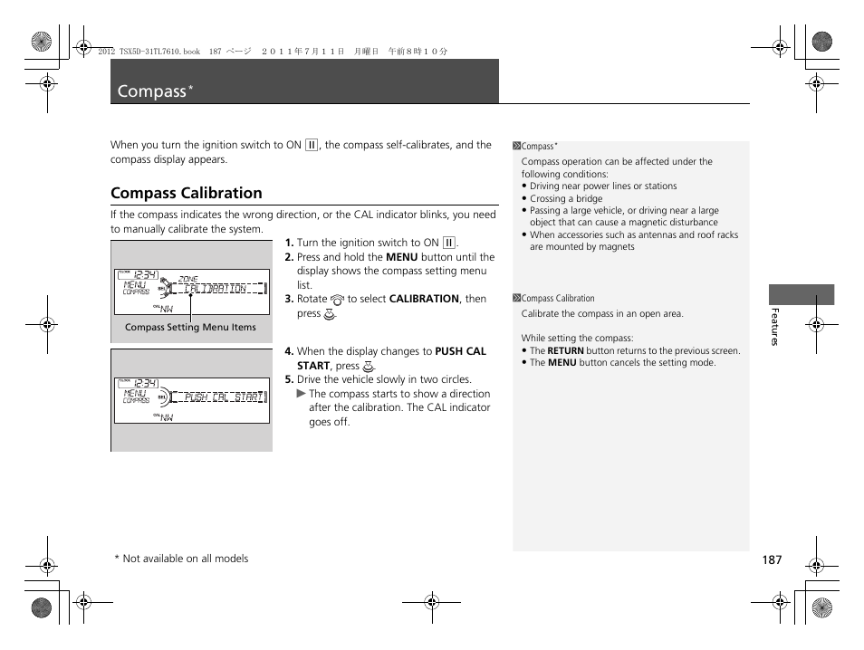 Compass, P. 187, Compass calibration | Acura 2012 TSX Sport Wagon User Manual | Page 189 / 326