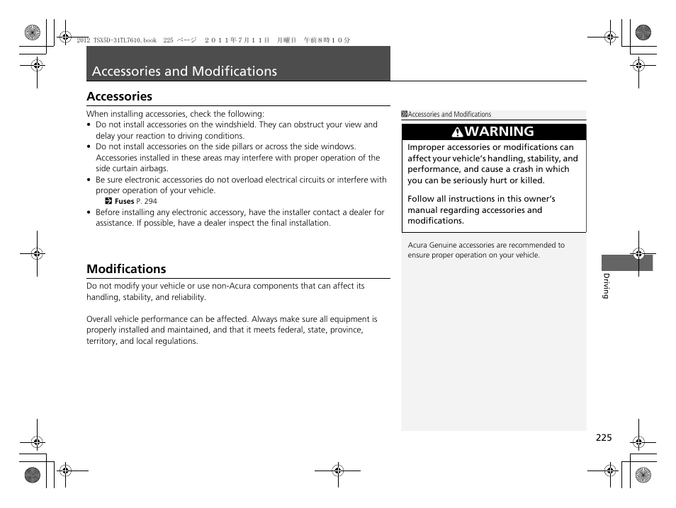 Accessories and modifications p. 225, Accessories and modifications, Accessories modifications | Warning, Accessories, Modifications | Acura 2012 TSX Sport Wagon User Manual | Page 227 / 326
