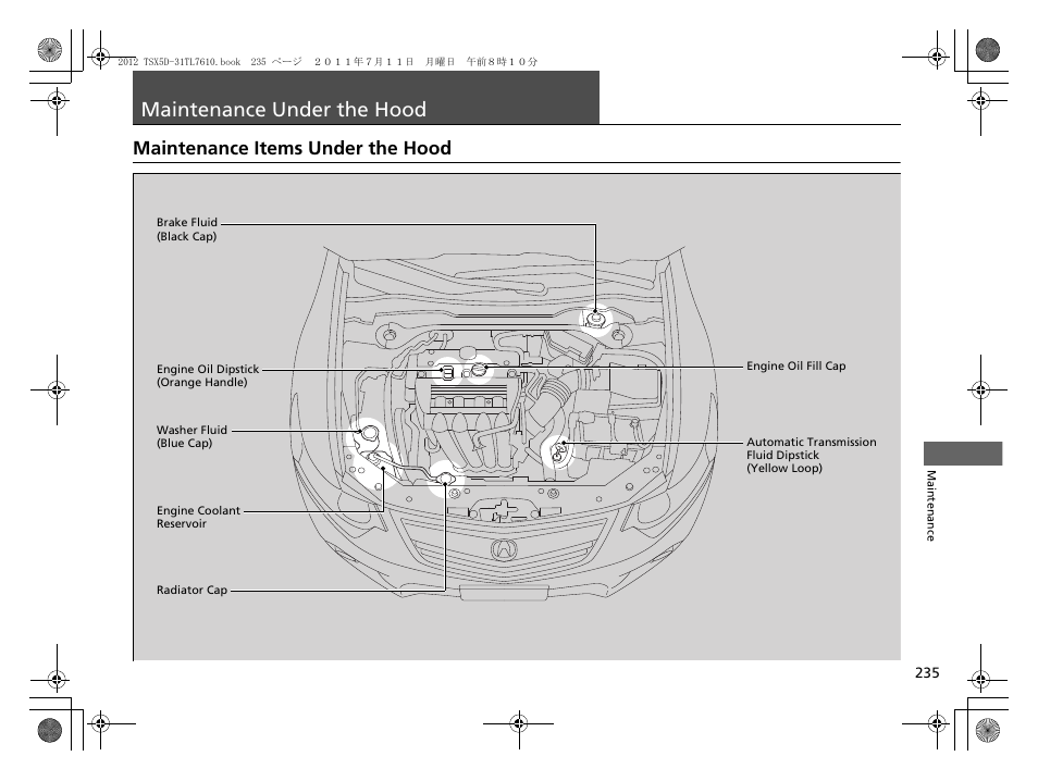 Maintenance under the hood, P235, P 235) | Maintenance items under the hood | Acura 2012 TSX Sport Wagon User Manual | Page 237 / 326