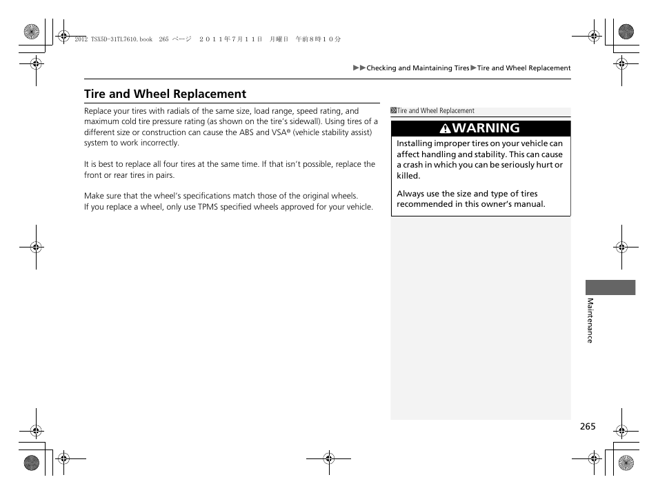 Tire and wheel replacement, Warning | Acura 2012 TSX Sport Wagon User Manual | Page 267 / 326