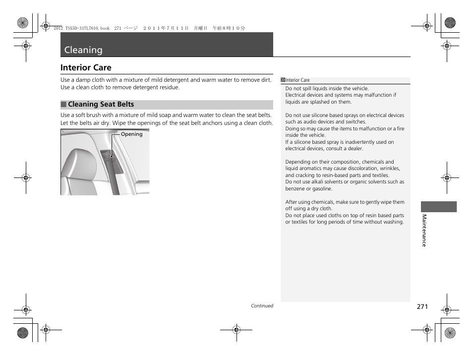 Cleaning p. 271, Cleaning, Interior care | Acura 2012 TSX Sport Wagon User Manual | Page 273 / 326