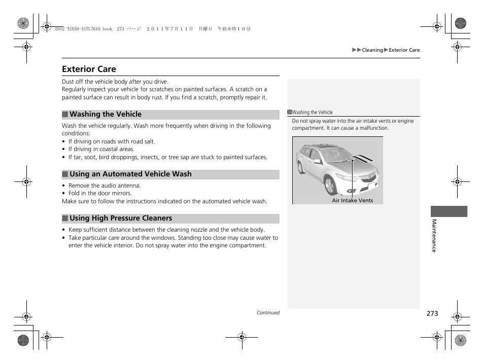 Exterior care | Acura 2012 TSX Sport Wagon User Manual | Page 275 / 326
