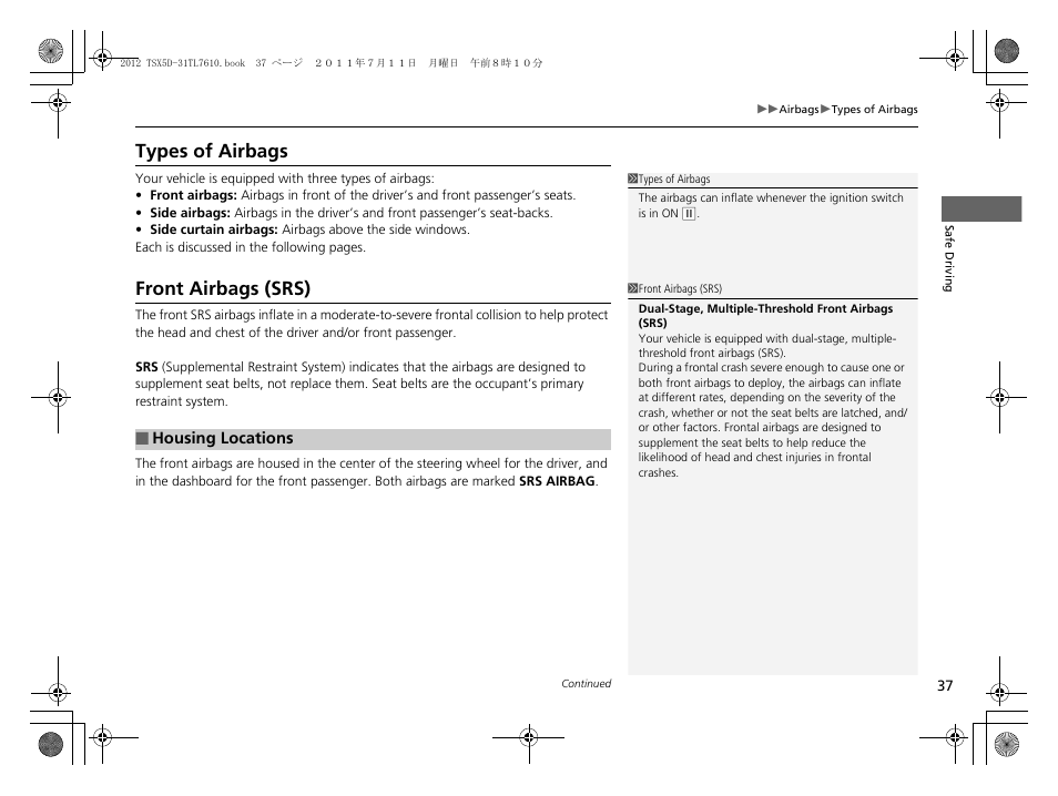 P37), Types of airbags front airbags (srs), Types of airbags | Front airbags (srs) | Acura 2012 TSX Sport Wagon User Manual | Page 39 / 326