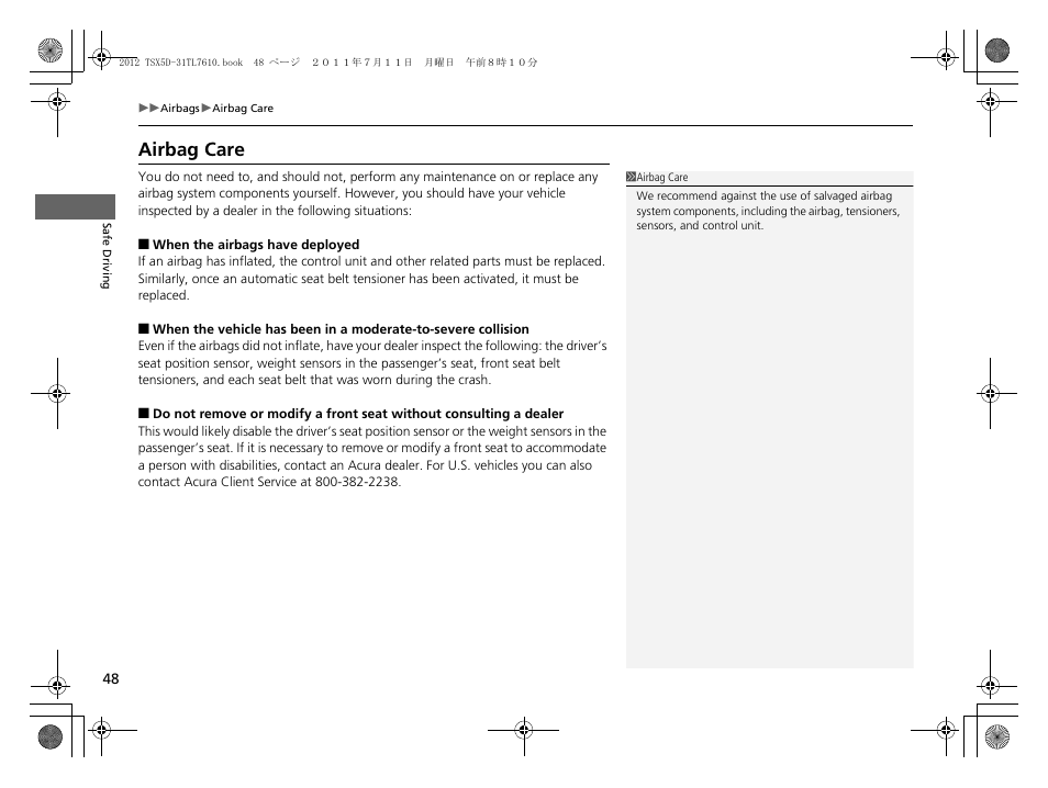 Airbag care | Acura 2012 TSX Sport Wagon User Manual | Page 50 / 326