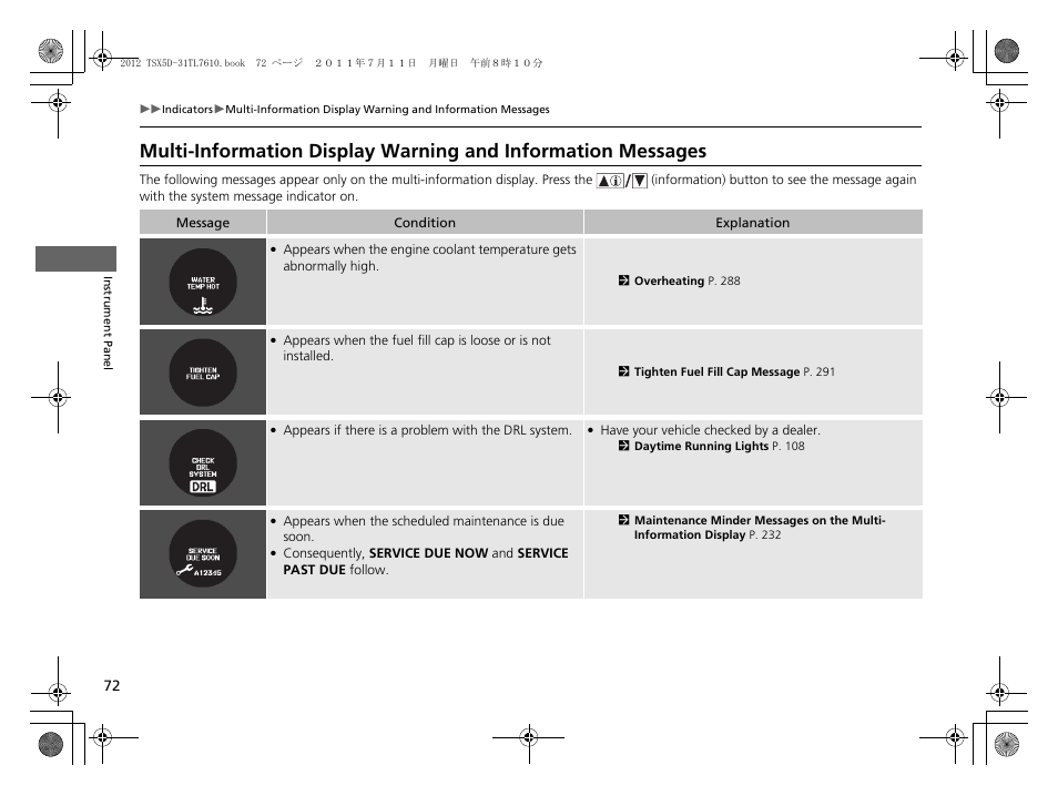 Multi-information display warning and, Information messages | Acura 2012 TSX Sport Wagon User Manual | Page 74 / 326
