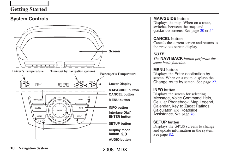 Getting started, 2008 mdx, System controls | Acura 2008 MDX Navigation User Manual | Page 10 / 171