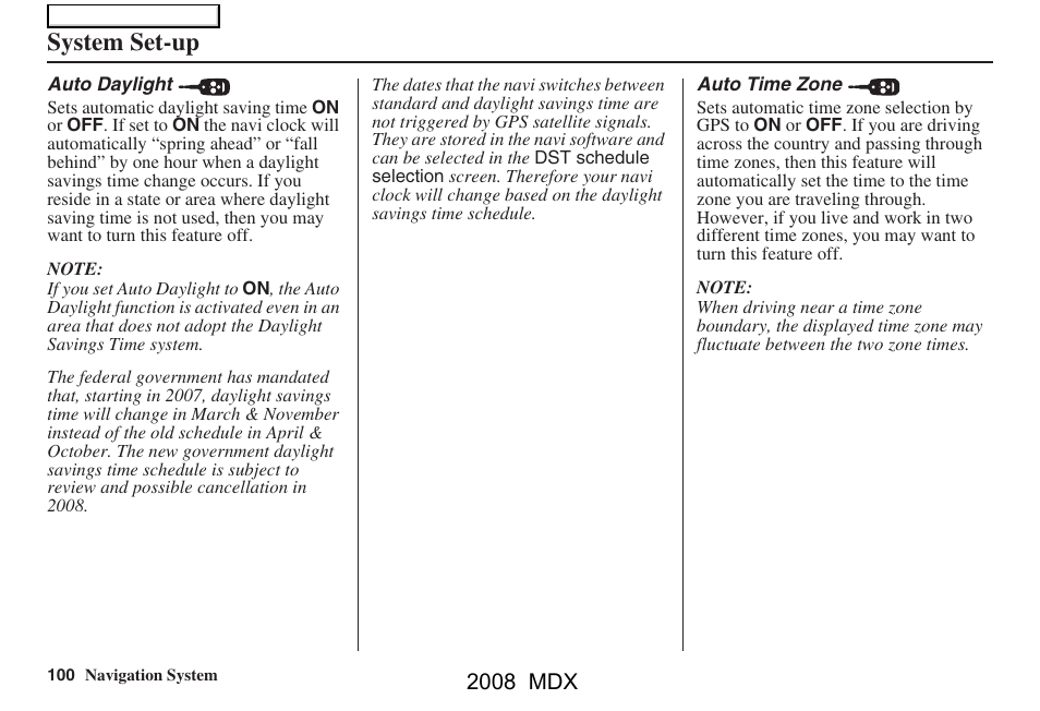 System set-up, 2008 mdx | Acura 2008 MDX Navigation User Manual | Page 100 / 171