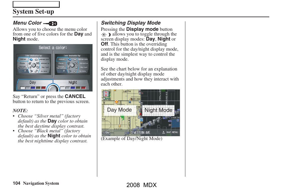 System set-up, 2008 mdx | Acura 2008 MDX Navigation User Manual | Page 104 / 171