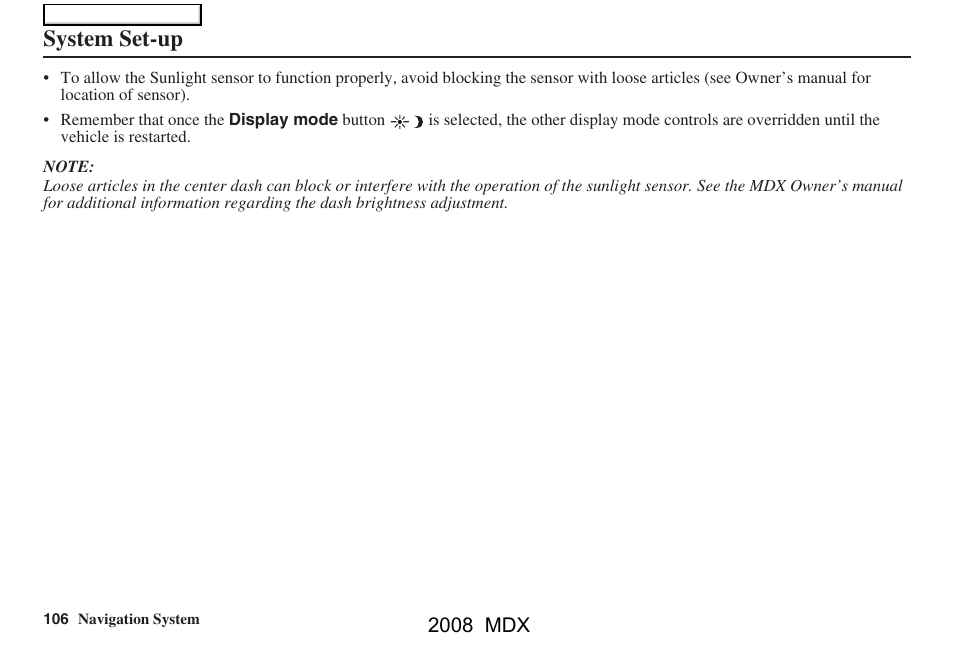 System set-up, 2008 mdx | Acura 2008 MDX Navigation User Manual | Page 106 / 171