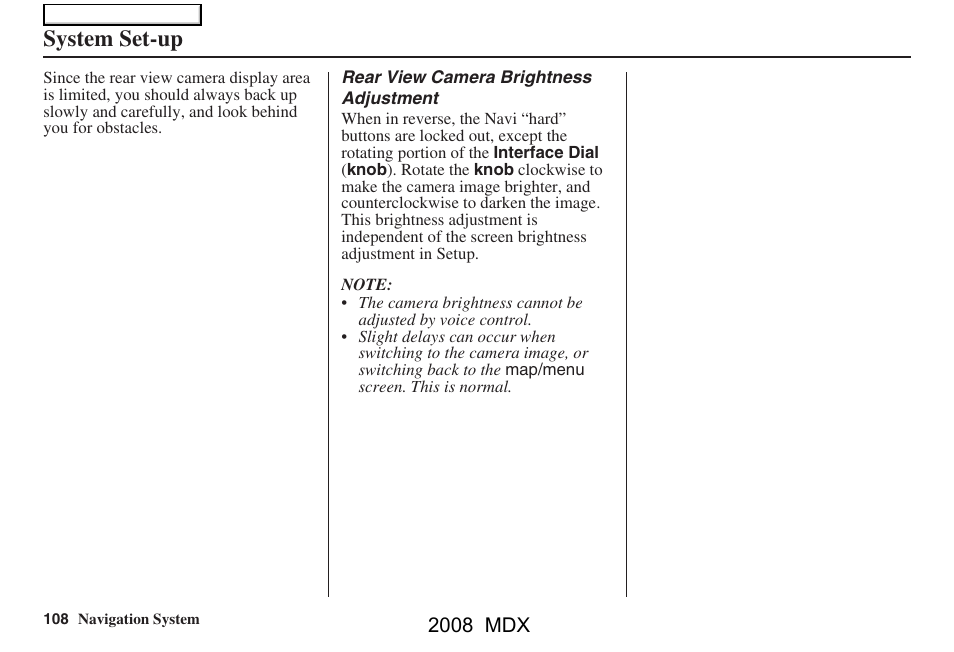 System set-up, 2008 mdx | Acura 2008 MDX Navigation User Manual | Page 108 / 171