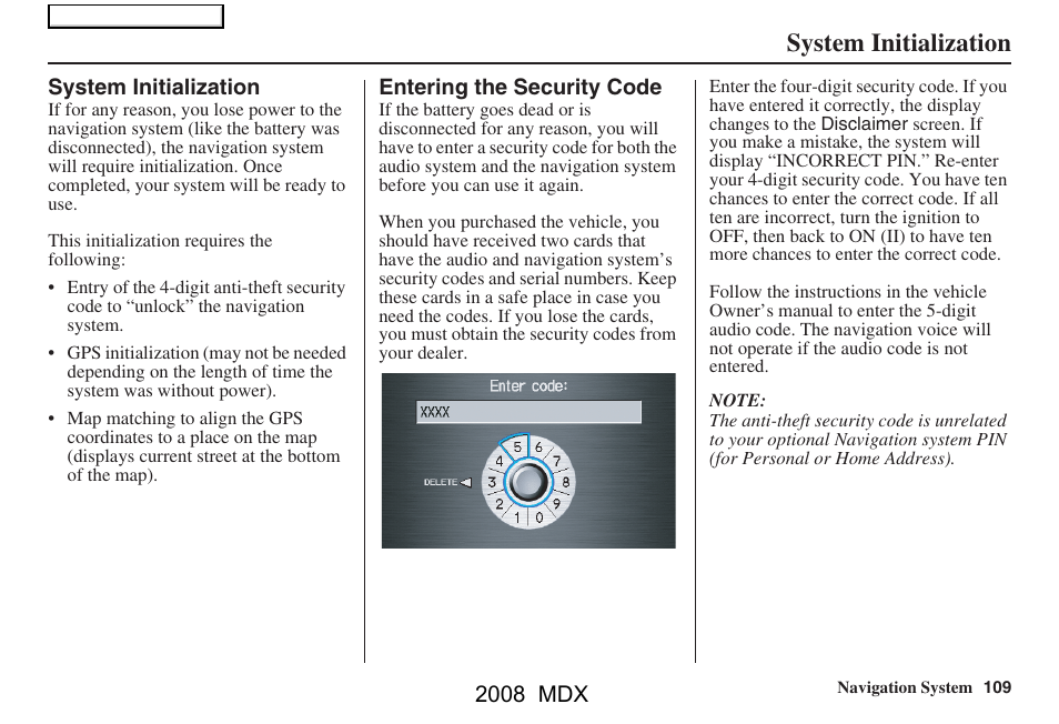 System initialization | Acura 2008 MDX Navigation User Manual | Page 109 / 171