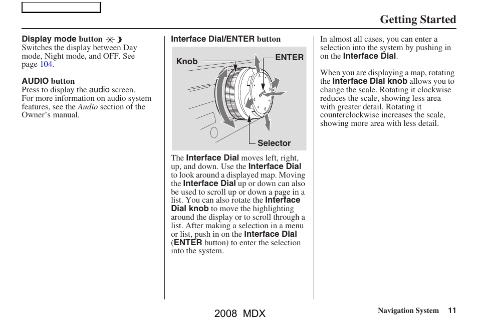 Getting started, 2008 mdx | Acura 2008 MDX Navigation User Manual | Page 11 / 171