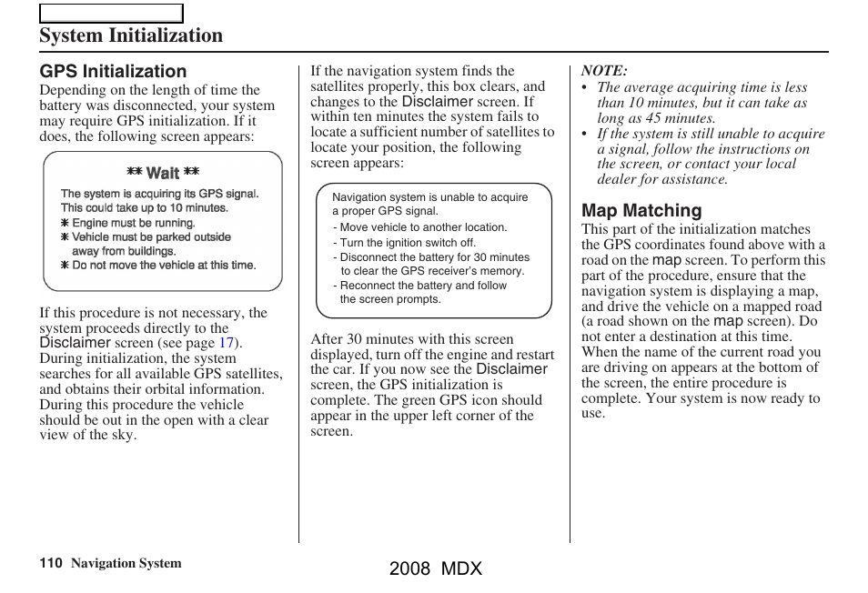 System initialization, 2008 mdx | Acura 2008 MDX Navigation User Manual | Page 110 / 171