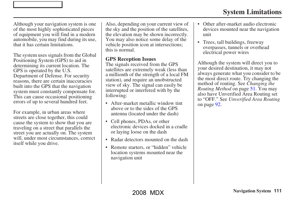 System limitations, 2008 mdx | Acura 2008 MDX Navigation User Manual | Page 111 / 171