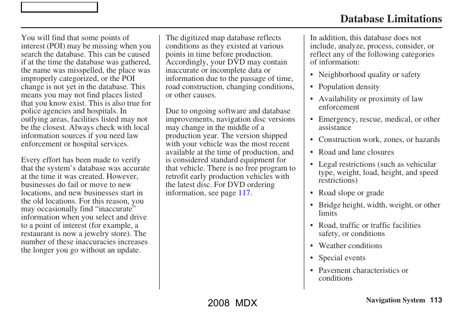 Database limitations, 2008 mdx | Acura 2008 MDX Navigation User Manual | Page 113 / 171