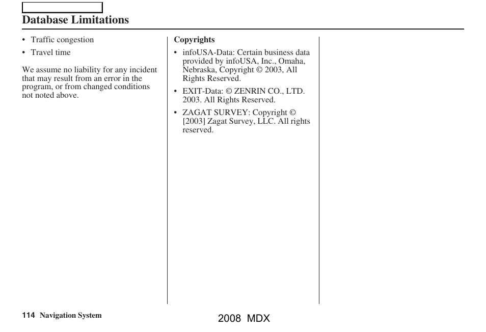 Database limitations, 2008 mdx | Acura 2008 MDX Navigation User Manual | Page 114 / 171