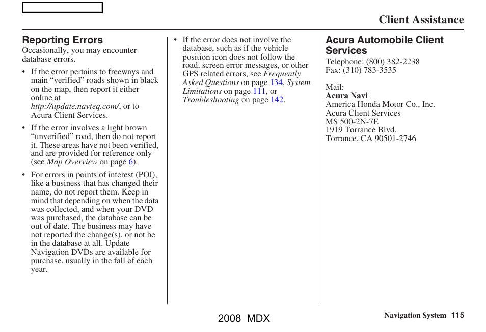 Client assistance, 2008 mdx | Acura 2008 MDX Navigation User Manual | Page 115 / 171