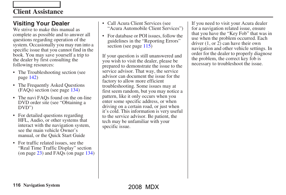 Client assistance, 2008 mdx | Acura 2008 MDX Navigation User Manual | Page 116 / 171