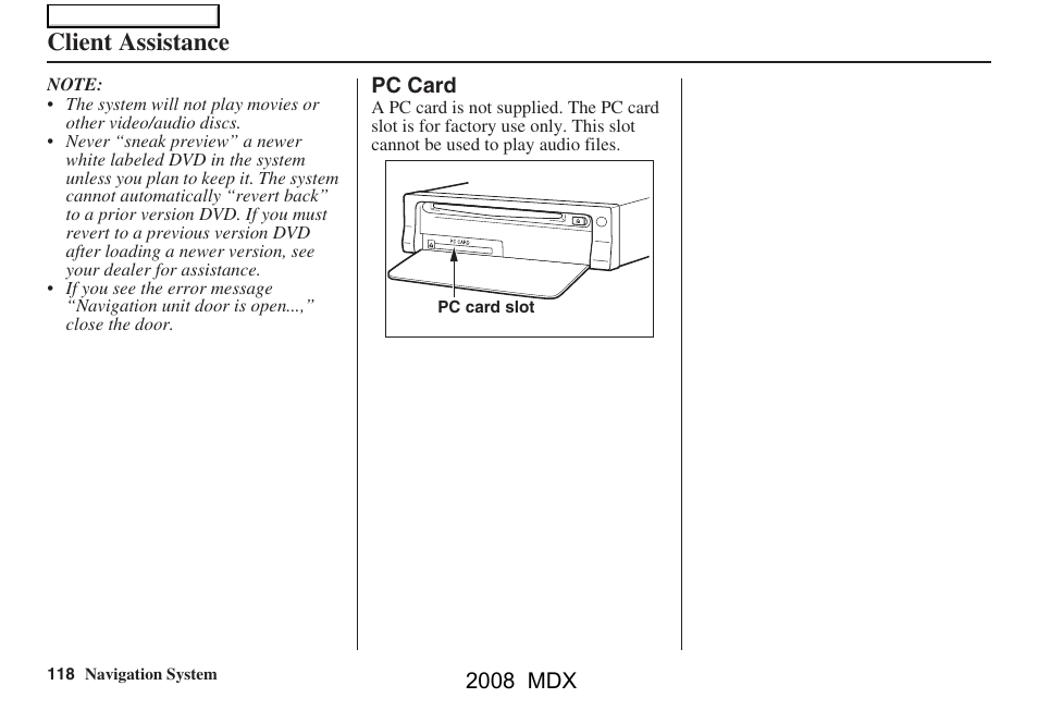 Client assistance | Acura 2008 MDX Navigation User Manual | Page 118 / 171