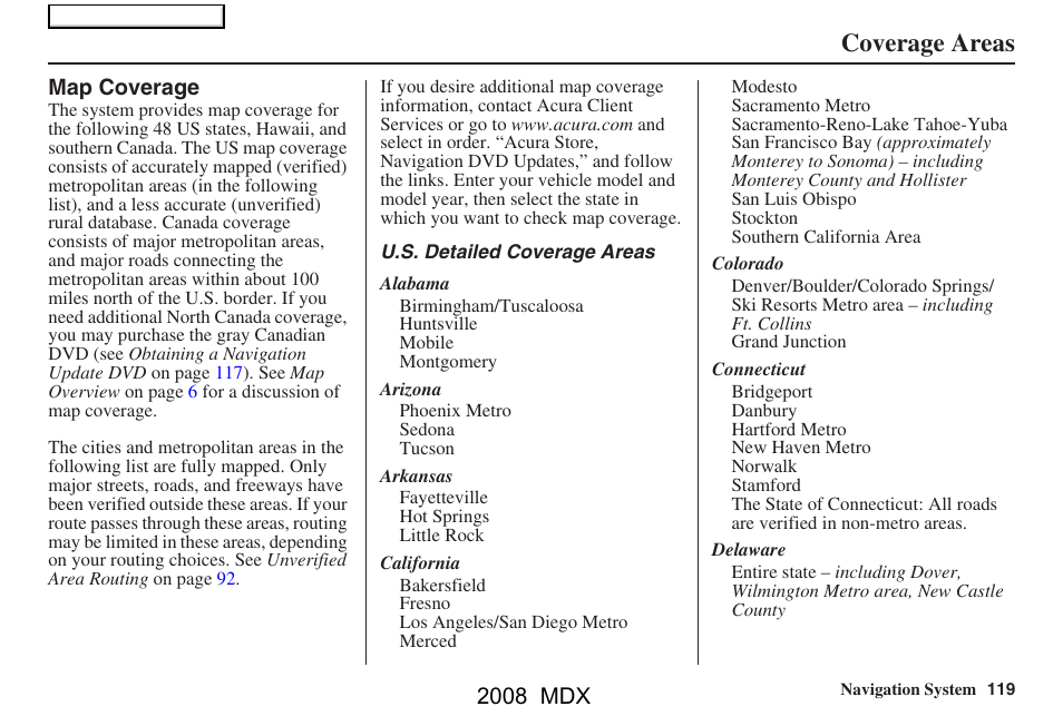 Coverage areas, 2008 mdx | Acura 2008 MDX Navigation User Manual | Page 119 / 171