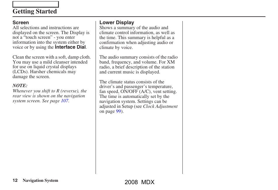 Getting started, 2008 mdx | Acura 2008 MDX Navigation User Manual | Page 12 / 171