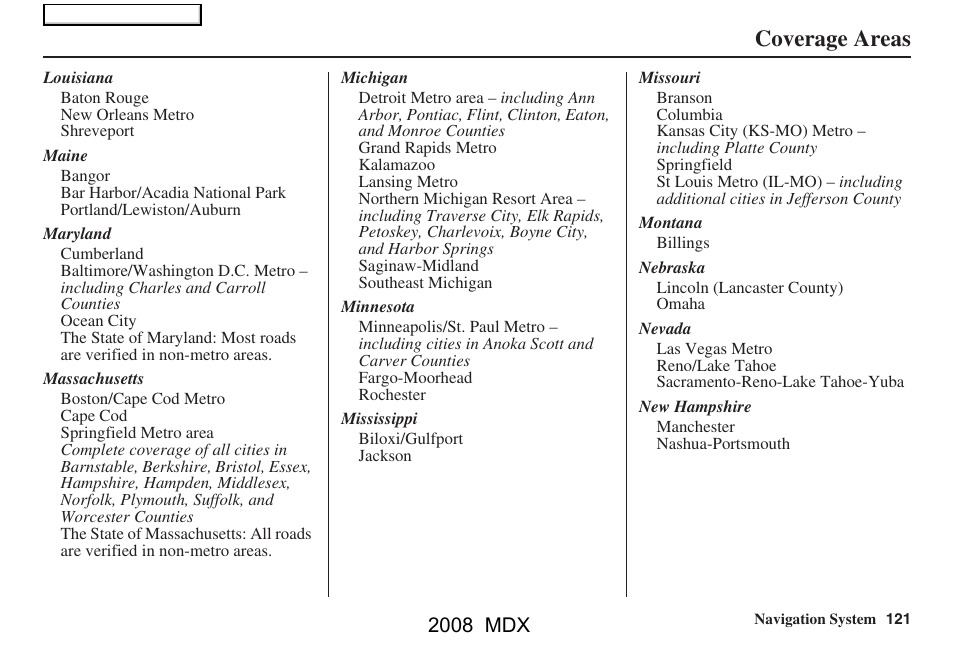 Coverage areas, 2008 mdx | Acura 2008 MDX Navigation User Manual | Page 121 / 171