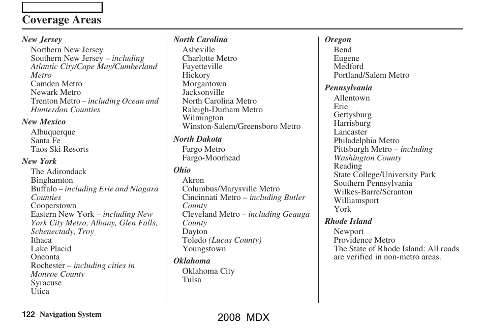 Coverage areas, 2008 mdx | Acura 2008 MDX Navigation User Manual | Page 122 / 171