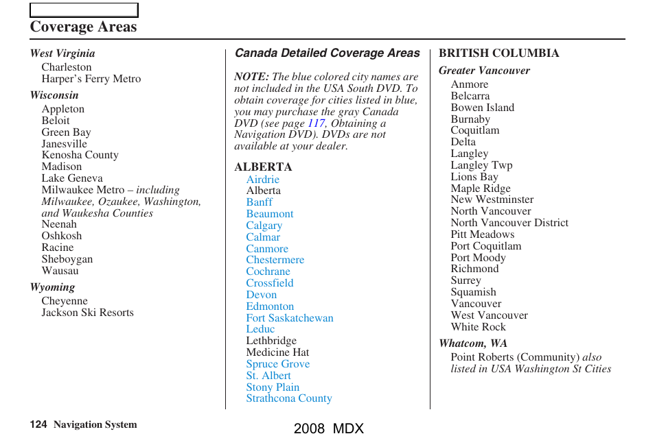 Coverage areas, 2008 mdx | Acura 2008 MDX Navigation User Manual | Page 124 / 171