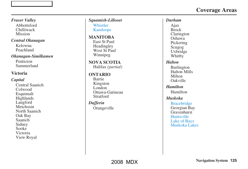 Coverage areas, 2008 mdx | Acura 2008 MDX Navigation User Manual | Page 125 / 171